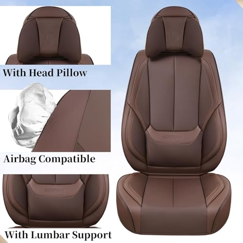 Image of Coverado Universal Seat Covers Front, Universal Seat Covers for Cars, 2-Pack Waterproof Nappa Leather Car Seat Covers with Head Pillow, Auto Protectors Fit for Most Sedans SUV Pick-up Truck-Brown