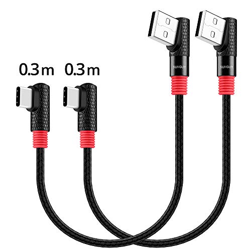SUNGUY Cable USB C en ángulo recto?0.3m x2? Cable de cable de sincronización rápida de carga y sincronización de datos USB 2.0 tipo-C de 90 grados para Samsung S10, Redmi Note 7, Moto G7, GoPro 7 8