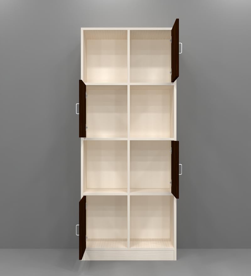 Image of SPECIALITY PANELS 8 Cube Bookshelf with Shutters, White and Brown, 176x73x35 cm, 4 Open and 4 Closed Shelves, Carpenter Assembly Provided