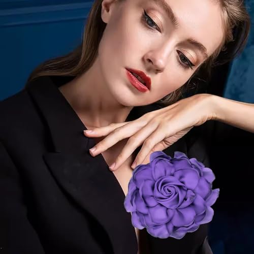 Image of Extra Large Satin Fabric Flower Brooch for Women Elegant Rose Camellia Floral Brooch Pin Handmade Big Satin Fabric Flower Statement Brooch Pin Vintage Clothing Hat Bag Accessories Christmas Wedding Bridal Birthday Jewelry