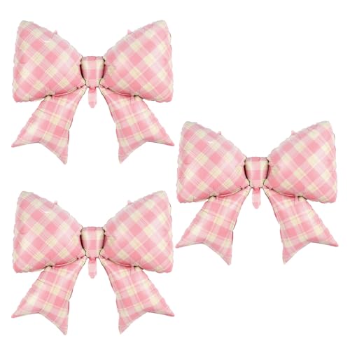 FBQ 3 PCS Bow Pink Checkered Balloons Bow Theme Girls Birthday Party Engagement Bachelorette Party Baby Shower Decoration Supplies