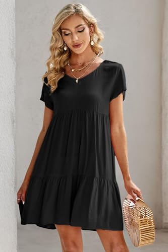 Image of Fangetey Women's V-Neck Tunic Dresses Short Sleeve Button Down Loose Casual Summer Short Flowy Swing Dress