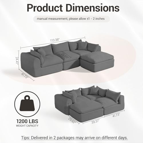Image of Modular Cloud Couch Sectional, Boneless Sofa with Ottoman, Deep Seat Fluffy Sectional Couch for Living Room & Bedroom, No Assembly Required, Grey