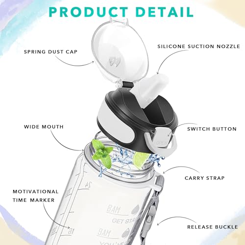 Image of Enerbone 32 oz Water Bottle with Times to Drink and Straw, Motivational Drinking Water Bottles with Carrying Strap, Leakproof BPA & Toxic Free, Ensure You Drink Enough Water for Fitness Gym Outdoor