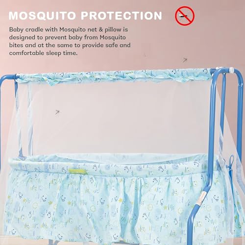 Image of BAYBEE Clora Baby Cradle and Swing with Mosquito Net (Enchant Lite Blue) | Jhula Palna for Newborns | 360 Rotating Lockable Wheels & Storage Basket