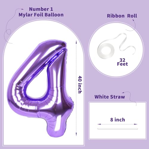 Image of Number Balloons for Birthday Decorations - 40 Inch Large Party Balloons 4, Purple Foil Number Balloons for Boys Girls, Balloons for Party Supplies