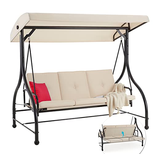 Aecojoy 3-Seat Outdoor Porch Swing With Adjustable Backrest And Canopy, Patio Swing W/Removable Cushions Outdoor Swing Bed For Porch, Backyard, Poolside, Beige #TOP7