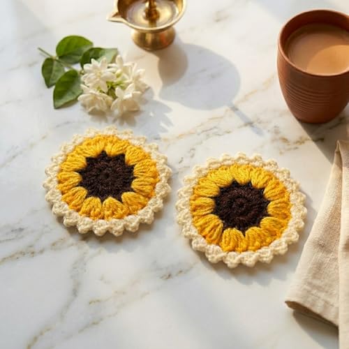 Image of eCraftIndia Sunflower Handmade Crochet Flower Decorations Pack (Dark Yellow) | Gift for Diwali Housewarming Birthday