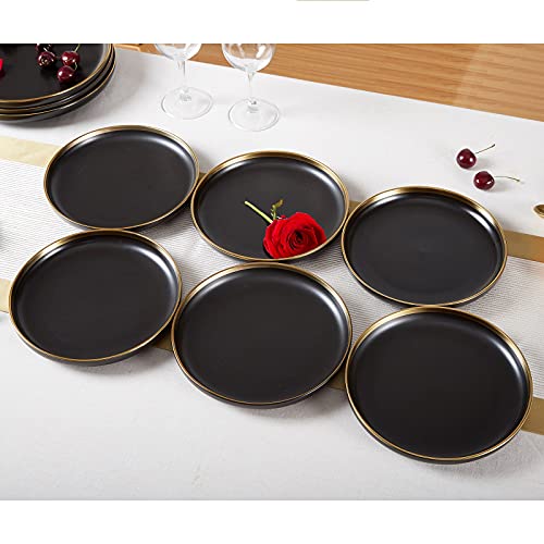 DUJUST Matte Black Porcelain Dinner Plates of 6, 8.5 inch, Luxury Design with Handcrafted Gold Trim, Easy to Clean, Heavy Duty Durability for Salad/Pasta/Steak, Chip Resistant, Lead-Free & BPA-Free