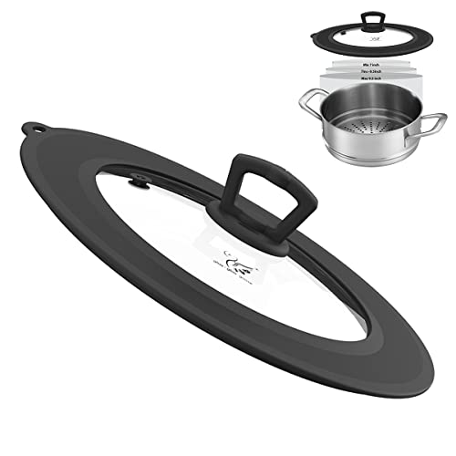 Vented Tempered Glass Universal Lid For Pot Pan Skillet With Heat Resistant Silicone Rim Microwave Splatter Lid Cover Microwave Safe Fit 8” 8.5” 9“ Cookware, Dishwasher Safe Black #TOP4