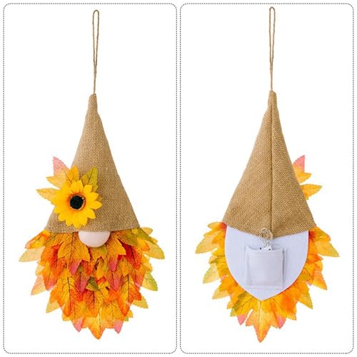 ENLACE Türkranz Herbst, Herbstdeko Wichtel Kranz mit Lichterkette, Haustür Herbstkranz Wichtel mit Ahornblättern und Sonnenblume, für Herbst Ernte Halloween Thanksgiving Deko