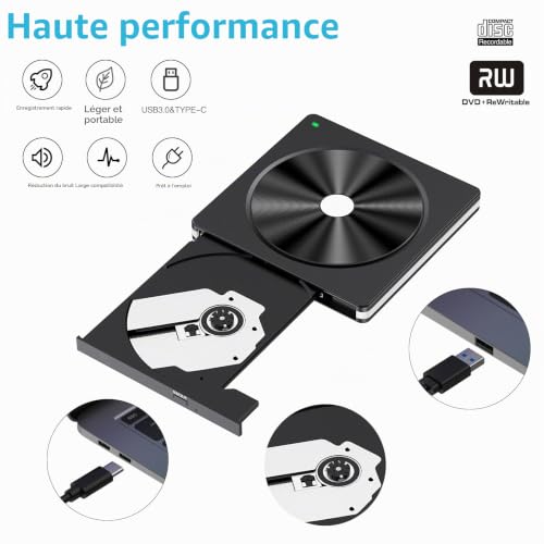 Aumdie Lecteur CD DVD Externe, Graveur DVD Externe avec USB3.0 Type-C, Lecteur CD/DVD RW ROM Lecteur Graveur CD DVD Optiques Externes pour PC, Laptop Desktops,Macbook, Windows11/10/8.1/7,Mac OS Blanc – vue 3