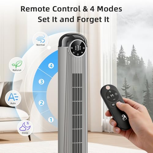 Image of Antarctic Star T42 Tower Fan-42 Inch, Bladeless Oscillating Fan with Remote, 6 Speeds & 4 Modes, LED Display, 9H Timer, Quiet Floor Standing Fan for Bedroom Living Room Office, Grey