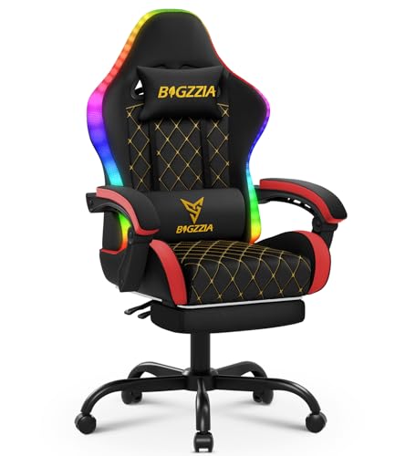 Racingreat RGB LED Gaming-Stuhl, Ergonomisch Gamer Chair mit Fußstütze/Kopfstütze/Lendenwirbelstütze, 90°-135° Neigung+Höhenverstellung+360° Drehung, PC Stuh für Jugendliche Erwachsene (Schwarz Rot)