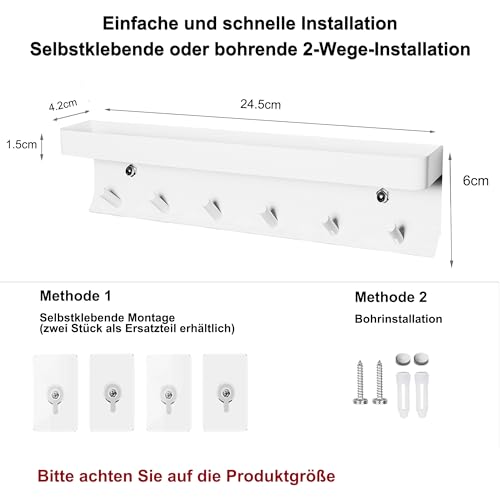 Echehi Schlüsselhalter mit 6 Haken, Einfach zu Installierende Schlüsselbrett Ohne Bohren, Metall Schlüsselablage, Garderobe, Briefständer, Geeignet für Eingangsbereiche und Hinter Türen. Weiß