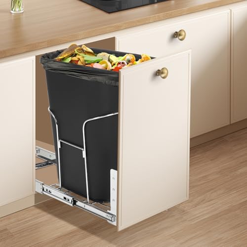 Garvee Pull Out Trash Can Under Cabinet, Kitchen Cupboard Cabinet Bin with 33.1L Trash Can & Soft-Close Slides, Easy to Install Smooth Pull-Out Design with Metal Frame for Recycling and Waste