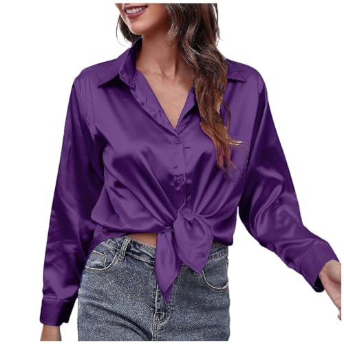 QWUVEDS Blusa de seda de satén para mujer, camisa con botones, informal, holgada, de manga larga, trabajo de oficina, blusa de edición larga, blusa elegante de encaje transparente, morado, M