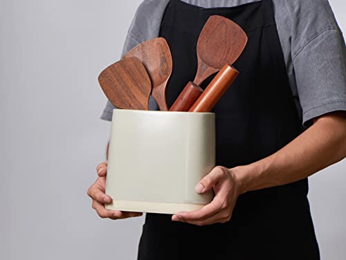 Onemore Ceramic Utensil Crock, Large Kitchen Utensil Holder For Countertop, Farmhouse Cooking Utensil Organizer With Cork Mat For Kitchen Counter, Oval Utensil Storage Caddy For Spatula, Grey #TOP5