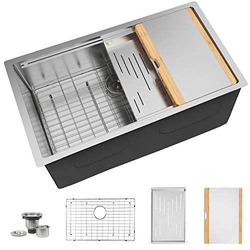 TORVA 32-Inch Workstation Undermount Kitchen Sink, 16 Gauge Stainless Steel Single Bowl