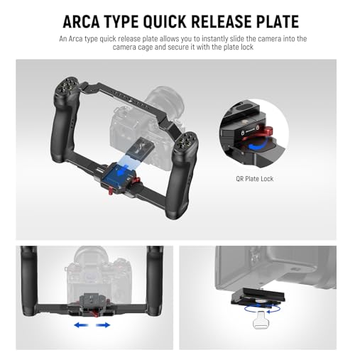 Image of NEEWER Video Camera Cage Rig with Arca Type Quick Release Plate, Double Handles, 3 /8 inch ARRI 1 /4 inch Threads, Cold Shoes, Universal Camera Stabilizer, Compatible with SmallRig NEEWER Base Plate, CA077