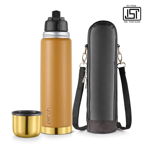 Image of Perch California Stainless Steel Water Bottle 1 LTR | Hot & Cold Flask | ISI Certified | Vacuum Insulated | Leak Proof | BPA Free | for Office, School, Gym & Travel | Gold-Amber | Crafted by Pexpo