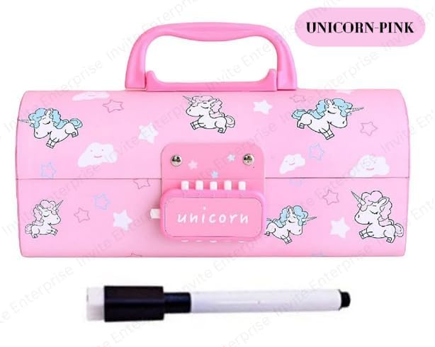 Invite Enterprise Plastic Pen & Pencil Box | Suitcase Style Password Lock Case, Multi-Layer for Kids, Boys, Girls, Stationary Organizer, Return Gift (Unicorn-Pink)