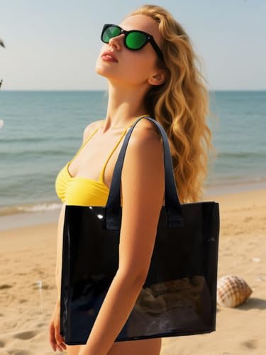 Woeoe 2Pcs Beach Clear Tote Bags Black Large Waterproof Tote Bags Iridescent Beach Tote Bag for Pool Vacation Stadium3