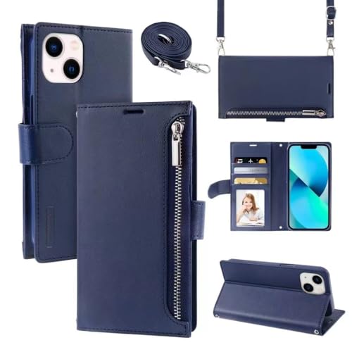 Étui portefeuille iPhone 14 Pro Max bleu foncé en finitions soignées multi-cartes