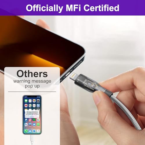 Image of 6FT Chew Proof iPhone Charger Cord - MFi Certified Silver Metal Braided USB to Lightning Cable, Metal Dog Cat Chew Proof iPhone Charging Cord with Data Transfer, for iPhone 14 13 12 11 X XS XR 8 7 6 5