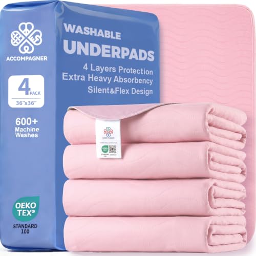 Image of Accompagner Incontinence Bed Pads Washable Waterproof Underpads 36 inchx36 inch 4pc | 4-Layer Heavy-Absorbency Reusable Pee Pads for Adults, Kids, Elderly, Dogs, Bedridden, Bedwetting, Nursing, Sofa (Pink)