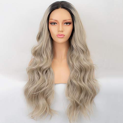 Persephone Ash Blonde Lace Front Wig Wavy Dark Roots Ombre Synthetic Wigs for Women Long Ashy Blonde Wig with Middle Part 22 Inches