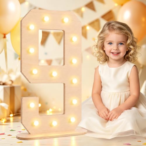 Pooqla 9th Birthday Decorations, 17.3 in Tall Wooden Light Up Numbers 9