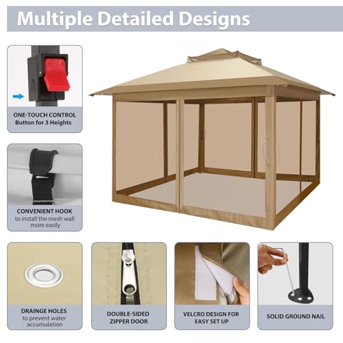 Image of COBIZI Pop Up Gazebo 11x11 One-Push Canopy Tent, Carpas Para Patio, Outdoor Canopy Shelter with Double Roof Ventiation 121 Square Feet of Shade for Lawn, Garden, Backyard and Deck, Khaki(Upgraded 2.0)