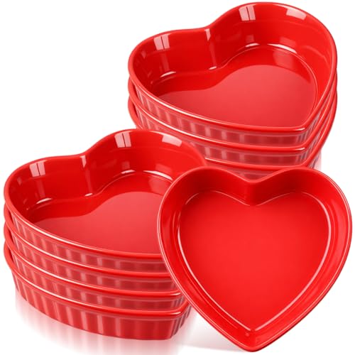 Reallnaive 8 Pcs Heart Shaped Ramekin Creme Brulee Ramekins Oven Safe 5.91 x 5.91 x 1.57 Inch Heart Shaped Bowl Small Baking Ceramic Ramekins Dishes for Souffle Snacks Quiche Appetizers Sauces(Red)