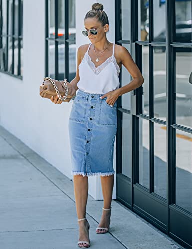 luvamia Women's Casual Mid Rise Button Down Frayed Raw Hem Denim Jean Midi Skirt4