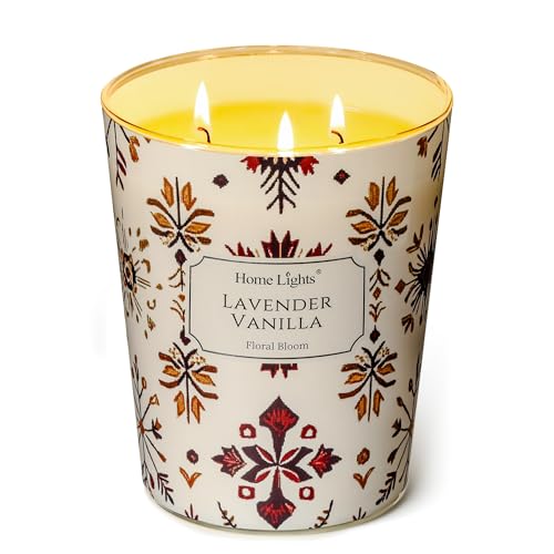 HomeLights Vela en frasco grande | Velas perfumadas de larga duración de 3 mechas, vela de cera de soja natural de 34oz para el hogar, con aroma a texturas naturales bohemias, lavanda y vainilla