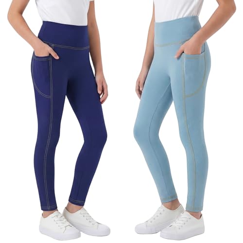 Image of Domueay Girls Leggings High Waist Jeggings Skinny Denim Looks Full Length Trousers, 2 Pack, Soft Comfortable Pants with Side Pockets Kids School Tights Casual Legging for 12-13 Years, Navy