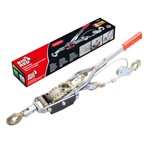 Big RED 4 Ton Come Along Winch: Heavy Duty Power Puller Tool with Dual Gears, Hand Winch Cable (12ft) and 3 Hooks, Red