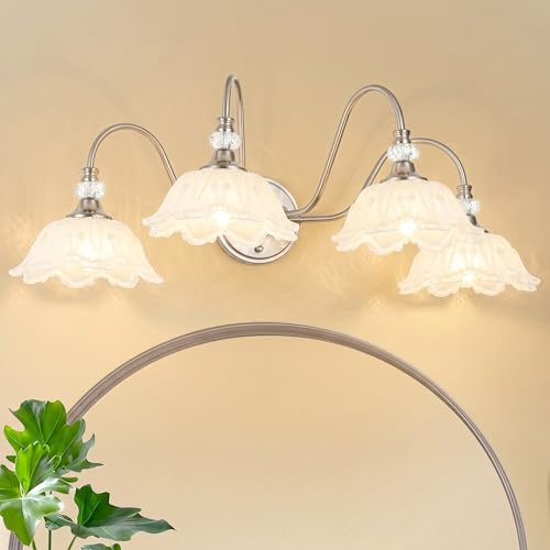 Image of Brushed Nickel Bathroom Vanity Light, 4-Light Vanity Light with Floral White Glass Shades, Brushed Nickel Wall Mount Lighting for Bathroom, Dressing Table