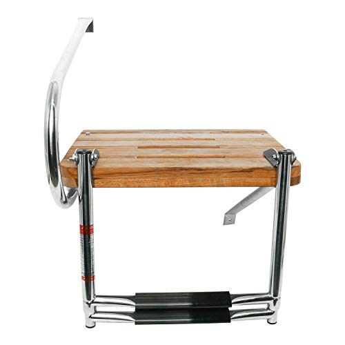 YaeMarine 2 Steps Outboard Teak Swim Platform Stainless Ladder Folding Ladders Swim Platform Ladder with Rail