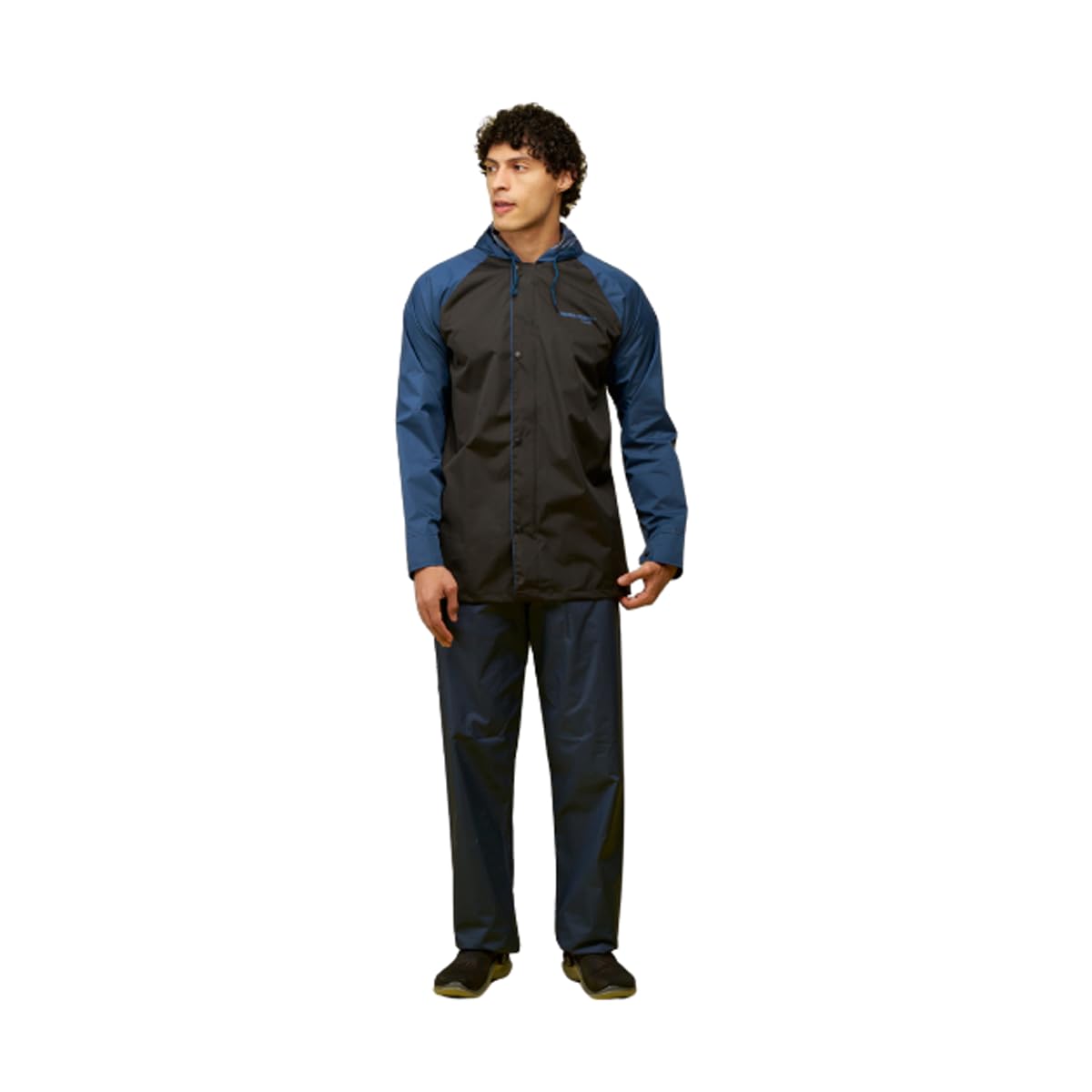 WATER FIGHTER by ZEEL Rain Coat for Men with Adjustable Hood, Polyester Waterproof Full Sleeves, Top and Bottom Set Rainwear, Front Zip with Snap Button Flap, Lightweight (EWF87, Black & Blue, XL)-picture-1