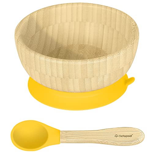 Image of Abiie Octopod Bamboo Baby Bowl Set for 4 Months and Up – Mess-Free High Chair Suction Bowl with Spoon for Toddlers and Kids - Ergonomic Baby Feeding Essentials - 5.7" x 3" x 5.7" - Yellow