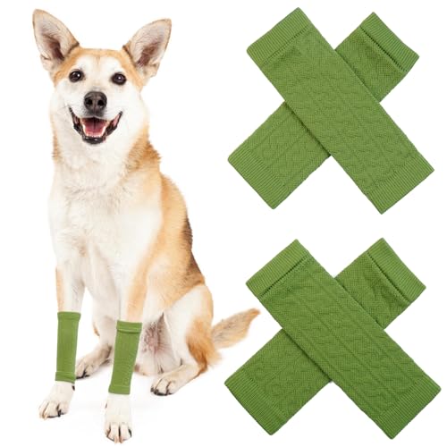 ROZKITCH Dog Leg Wraps to Stop Licking, 2PCS Front Leg and 2PCS Back Leg Knee, Dog Elbow Wrap, Dog Leg Warmer Wrap Protector, Pet Elastic Knitted Breathable Protective Socks Green 2XL