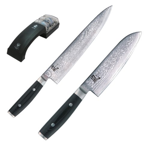 Yaxell Damascus - Juego de cuchillos japoneses (de cocina largo y Santoku más afilador)