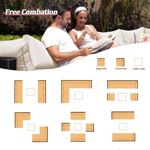 Image of 7 Piece Outdoor Sectional Outdoor Patio Furniture Set, Outdoor Patio Furniture Set with Coffee Table, Sectional Couch Sofa with Cushions, Wicker Outdoor Conversation Set for Backyard & Garden, Blue
