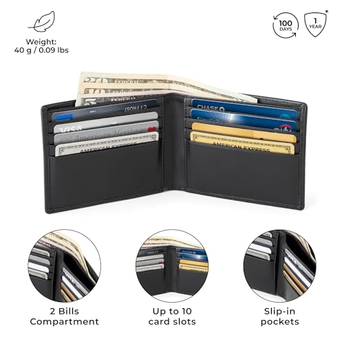 Image of BERLINER BAGS Slim Genuine Leather Mens Wallet Lincoln, Gift Box - Black | Front Pocket Bifold Wallet, 8 Card Slots, 2 Slip-in Pockets, 2 Bill Compartments, RFID Blocking