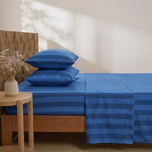 Image of Merryword 100% Cotton Sheet Set Queen Size - Blue and Navy Stripes Bedding, Soft Breathable Percale Weave, Wide Stripe Deep Pocket Sheet 17.5 inch, Luxury Linen Like, 4-Piece All Season Bedding