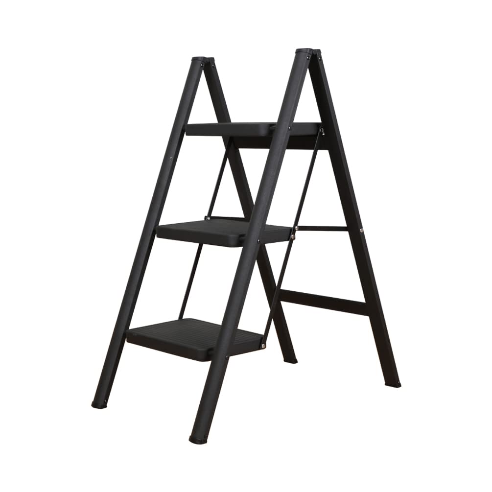 BAOYOUNI Escalera 3 Peldaños Taburete Plegable con Pedal Ancho Antideslizante Escalones Domestica Ligera y Portátil Multifunción para Hogar, Cocina, Oficina, Exteriores, Adultos, Negra
