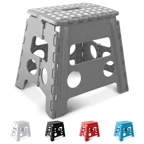 KEPLIN 13 Inch Heavy Duty Folding Step Stool | Non-Slip Foldable Footstool for Toddlers Children & Adults | Portable Lightweight Plastic Footstep w/Carrying Handle for Indoor or Outdoor (Grey)