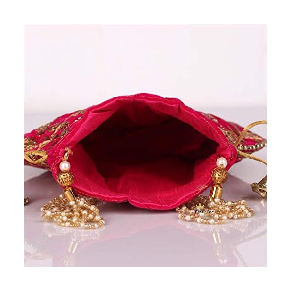 FeelOrna handicrafts and jewellery Wristlets Ethnic Potli For Women's | Designer Rajasthani Style Royal Clutch Silk Batwa Bag | Zari Work Potli | Potli for Gifting Rakhi Anniversary (Pink (Velvet) 2) - Image 5